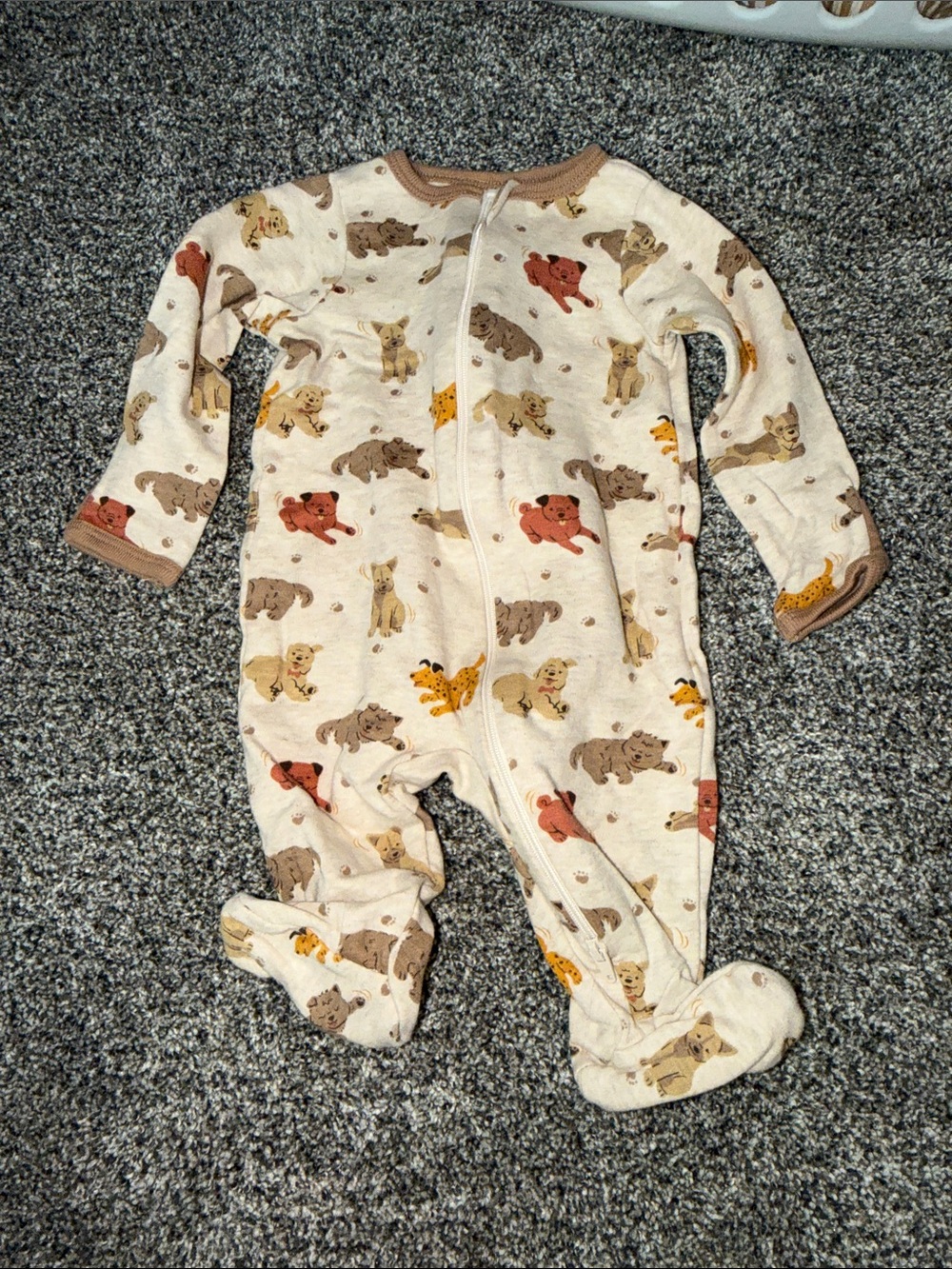 wonder nation Cream Puppy Print Footed One-Piece with Brown Trim